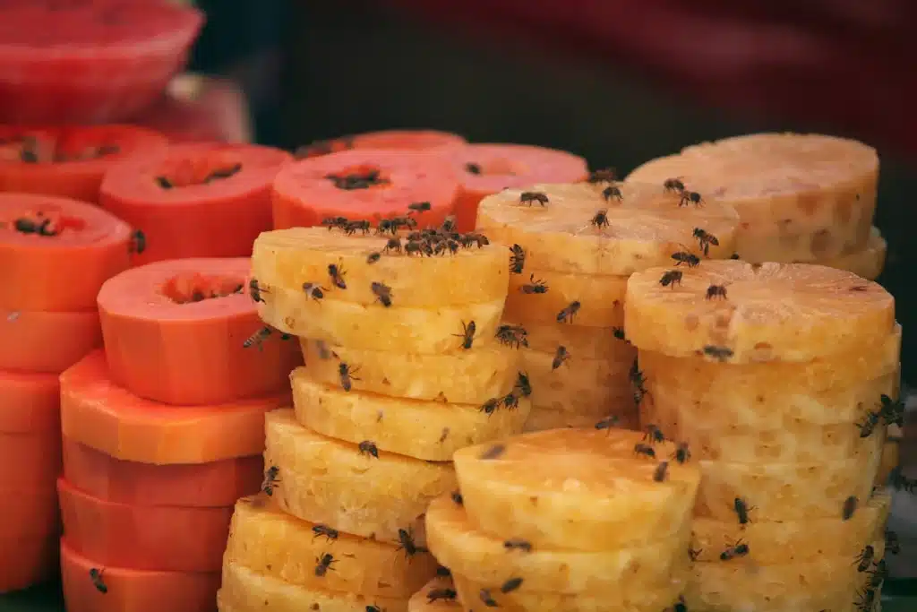 Fruit slices infested with flies.